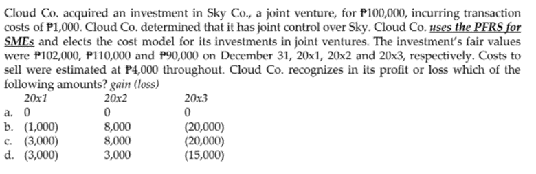 Cloud Co. acquired an investment in Sky Co., a joint venture, for P100,000, incurring transaction
costs of P1,000. Cloud Co. determined that it has joint control over Sky. Cloud Co. uses the PFRS for
SMES and elects the cost model for its investments in joint ventures. The investment's fair values
were P102,000, P110,000 and P90,000 on December 31, 20x1, 20x2 and 20x3, respectively. Costs to
sell were estimated at P4,000 throughout. Cloud Co. recognizes in its profit or loss which of the
following amounts? gain (loss)
20x1
20x2
20x3
a. 0
b. (1,000)
с. (3,000)
d. (3,000)
8,000
8,000
3,000
(20,000)
(20,000)
(15,000)
