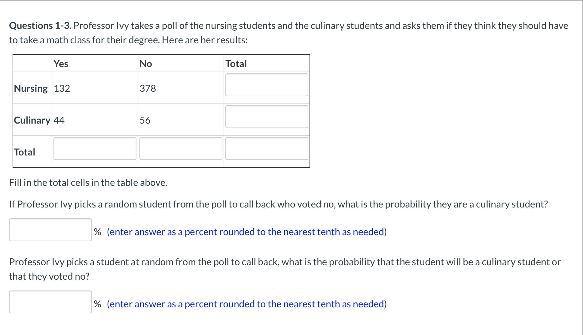 Questions 1-3. Professor Ivy takes a poll of the nursing students and the culinary students and asks them if they think they should have
to take a math class for their degree. Here are her results:
Yes
No
Total
Nursing 132
378
Culinary 44
56
Total
Fill in the total cells in the table above.
If Professor Ivy picks a random student from the poll to call back who voted no, what is the probability they are a culinary student?
% (enter answer as a percent rounded to the nearest tenth as needed)
Professor Ivy picks a student at random from the poll to call back, what is the probability that the student wilIl be a culinary student or
that they voted no?
% (enter answer as a percent rounded to the nearest tenth as needed)
