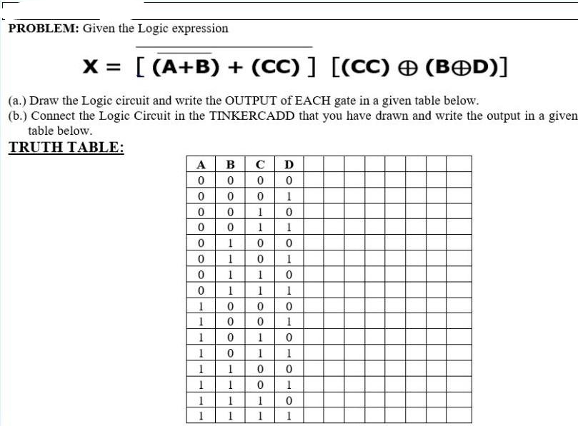 PROBLEM: Given the Logic expression
X = [(A+B) + (CC) ] [(CC) + (BOD)]
(a.) Draw the Logic circuit and write the OUTPUT of EACH gate in a given table below.
(b.) Connect the Logic Circuit in the TINKERCADD that you have drawn and write the output in a given
table below.
TRUTH TABLE:
A
B
C D
0
0
0
0
0
0
0
1
0
0
1
0
0
0
1
1
0
1
0
0
0
1
0
1
0
1
1
0
0
1
1
1
0
0
0
1
0 1
1
1
0
1
1
1
1
0
0
1
0 1
1
1
0
1
1
1
0000
0
0
1
1
1
1