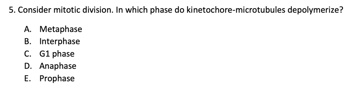 5. Consider mitotic division. In which phase do kinetochore-microtubules depolymerize?
A. Metaphase
B. Interphase
C. G1 phase
D. Anaphase
E. Prophase