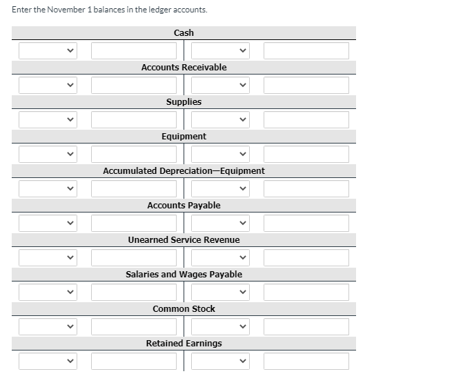 Enter the November 1 balances in the ledger accounts.
