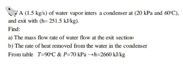 A (1.5 kg/s) of water vapor inters a condenser at (20 kPa and 60°C),
and exit with (h= 251.5 kJ/kg).
Find:
a) The mass flow rate of water flow at the exit sections
b) The rate of heat removed from the water in the condenser
From table T=90C & P=70 kPah=2660 kJ/kg
