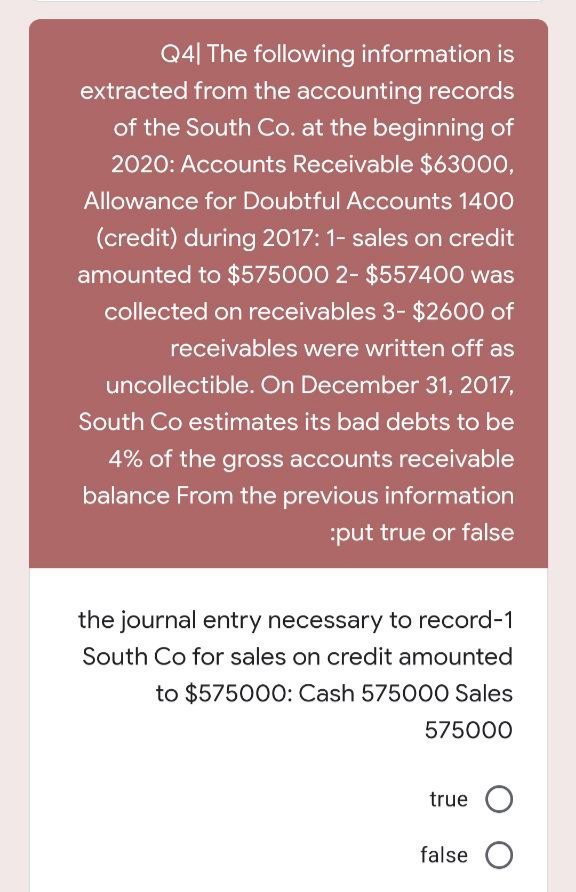 Q4| The following information is
extracted from the accounting records
of the South Co. at the beginning of
2020: Accounts Receivable $63000,
Allowance for Doubtful Accounts 1400
(credit) during 2017: 1- sales on credit
amounted to $575000 2- $557400 was
collected on receivables 3- $2600 of
receivables were written off as
uncollectible. On December 31, 2017,
South Co estimates its bad debts to be
4% of the gross accounts receivable
balance From the previous information
:put true or false
the journal entry necessary to record-1
South Co for sales on credit amounted
to $575000: Cash 575000 Sales
575000
true
false O
