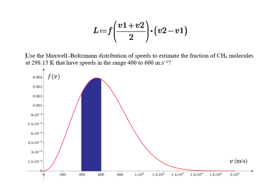 v1+ v2
L:=f|
- (2–v1)
2
Use the Maxwell-Boltzmann distribution of speeds to estimate the fraction of CH4 molecules
at 298.15 K that have speeds in the range 400 to 600 m.s-1?
0.002- f (v)
0.001-
0.001-
0.001
9.104
7.5-10–4
G-104
4.5-104
3-104
1.5-104
v (m/s)
200
400
G00
800
1-10
1.2-10*
1.4-10
1.6-10
1.8-10*
2.10
