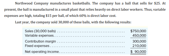 Northwood Company manufactures basketballs. The company has a ball that sells for $25. At
present, the ball is manufactured in a small plant that relies heavily on direct labor workers. Thus, variable
expenses are high, totaling $15 per ball, of which 60% is direct labor cost.
Last year, the company sold 30,000 of these balls, with the following results:
$750,000
Sales (30,000 balls)
Varlable expenses. .
450,000
Contribution margin
Fixed expenses.
300,000
210,000
Net operating Income.
$ 90,000

