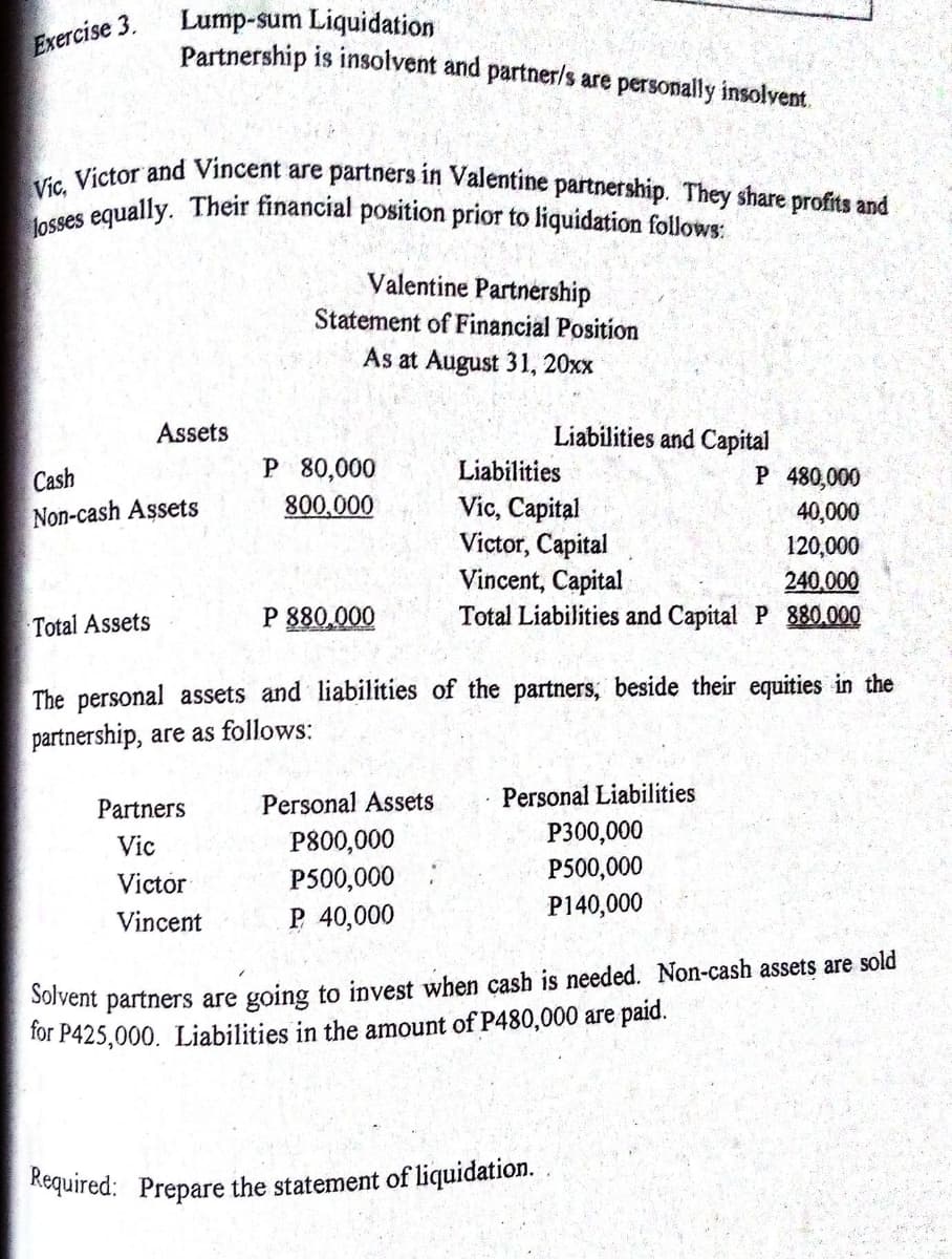 Required: Prepare the statement of liquidation..
Vic, Victor and Vincent are partners in Valentine partnership. They share profits and
losses equally. Their financial position prior to liquidation follows:
Lump-sum Liquidation
Partnership is insolvent and partner/s are personally insolvent.
Exercise 3.
Valentine Partnership
Statement of Financial Position
As at August 31, 20xx
Assets
Liabilities and Capital
P 80,000
800,000
Liabilities
Cash
Non-cash Assets
P 480,000
40,000
Vic, Capital
Victor, Capital
Vincent, Capital
Total Liabilities and Capital P 880.000
120,000
240.000
Total Assets
P 880,000
The personal assets and liabilities of the partners, beside their equities in the
partnership, are as follows:
Personal Assets
Personal Liabilities
Partners
P800,000
P500,000 :
P 40,000
P300,000
P500,000
Vic
Victor
P140,000
Vincent
Solvent partners are going to invest when cash is needed. Non-cash assets are sold
for P425,000. Liabilities in the amount of P480,000 are paid.
