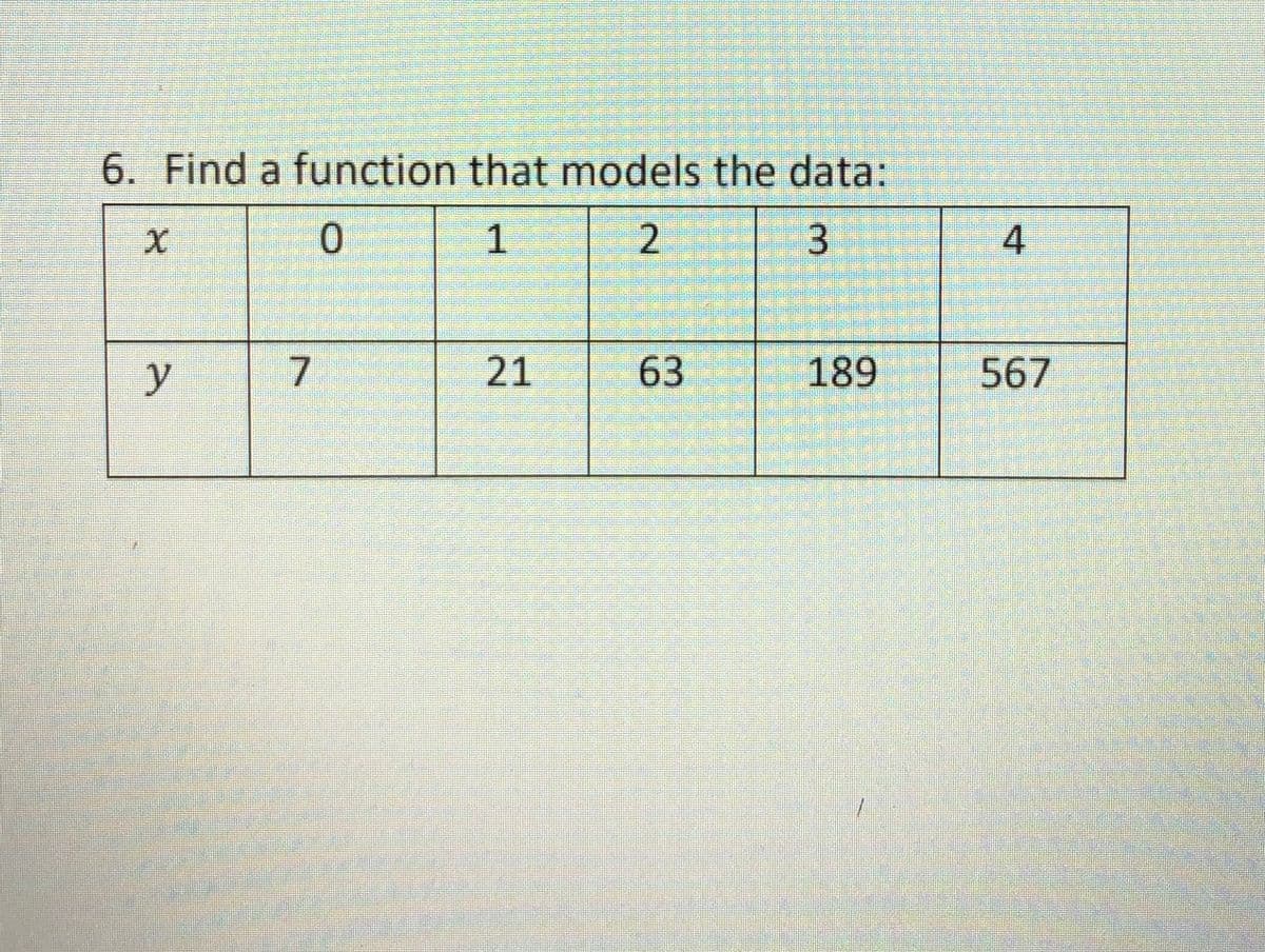 6. Find a function that models the data:
1
2
3
4
y
7.
21
63
189
567
