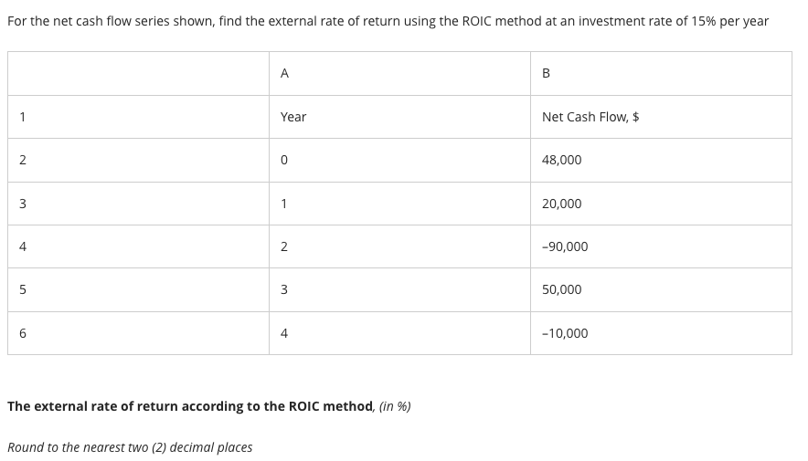 For the net cash flow series shown, find the external rate of return using the ROIC method at an investment rate of 15% per year
1
2
3
4
5
6
A
Round to the nearest two (2) decimal places
Year
0
1
2
3
4
The external rate of return according to the ROIC method, (in %)
B
Net Cash Flow, $
48,000
20,000
-90,000
50,000
-10,000