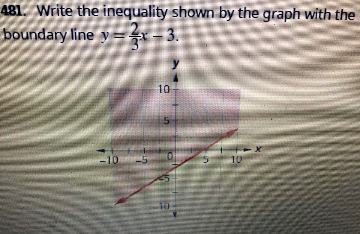 481. Write the inequality shown by the graph with the
boundary line y =x – 3.
y
10
-10
10
-10-
