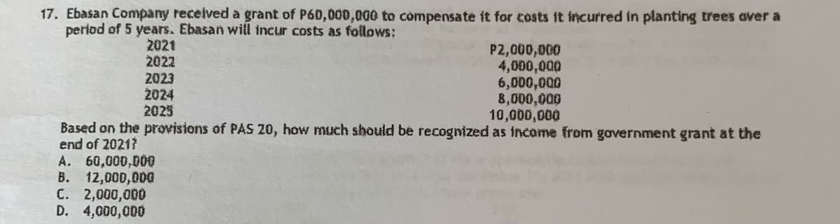 17. Ebasan Company received a grant of P60,000,000 to compensate it for costs it incurred in planting trees over a
period of 5 years. Ebasan will incur costs as follows:
2021
2022
P2,000,000
4,000,000
2023
6,000,000
2024
8,000,000
2025
10,000,000
Based on the provisions of PAS 20, how much should be recognized as income from government grant at the
end of 2021?
A. 60,000,000
B. 12,000,000
C. 2,000,000
D. 4,000,000