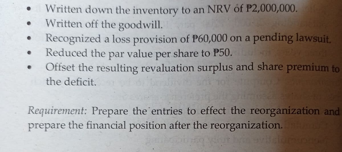 Written down the inventory to an NRV óf P2,000,000.
Written off the goodwill.
Recognized a loss provision of P60,000 on a pending lawsuit.
Reduced the par value per share to P50.
Offset the resulting revaluation surplus and share premium to
the deficit.
Requirement: Prepare the entries to effect the reorganization and
prepare the financial position after the reorganization.
