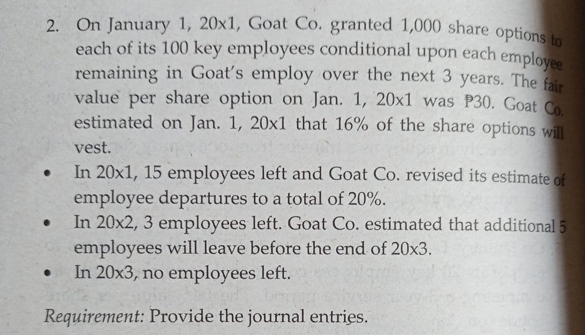 2. On January 1, 20x1, Goat Co. granted 1,000 share options to
each of its 100 key employees conditional upon each emploves
remaining in Goat's employ over the next 3 years. The fair
value per share option on Jan. 1, 20x1 was P30. Goat C
estimated on Jan. 1, 20x1 that 16% of the share options will
vest.
In 20x1, 15 employees left and Goat Co. revised its estimate of
employee departures to a total of 20%.
In 20x2, 3 employees left. Goat Co. estimated that additional 5
employees will leave before the end of 20x3.
In 20x3, no employees left.
Requirement: Provide the journal entries.

