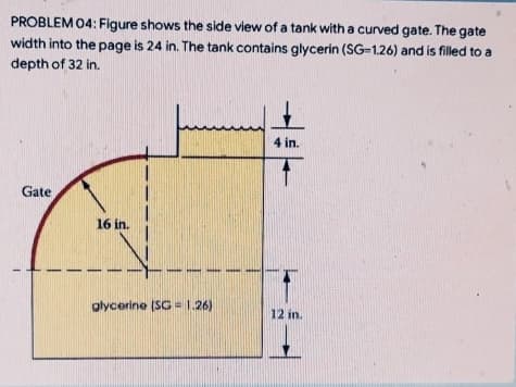 PROBLEM 04: Figure shows the side view of a tank with a curved gate. The gate
width into the page is 24 in. The tank contains glycerin (SG-1.26) and is filled to a
depth of 32 in.
4 in.
Gate
16 in.
glycerine (SG - 1.26)
12 in.
