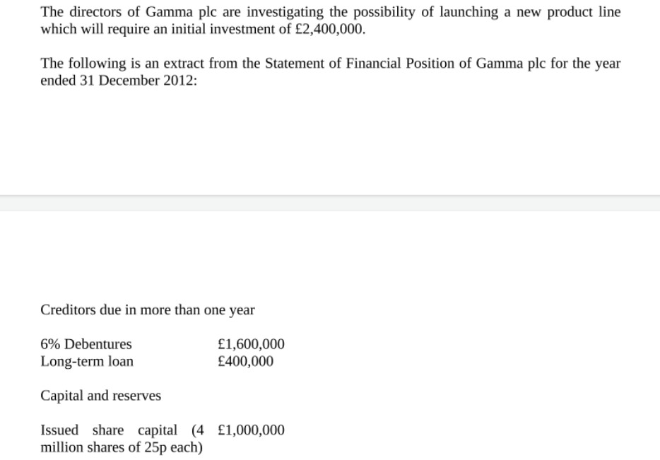 The directors of Gamma plc are investigating the possibility of launching a new product line
which will require an initial investment of £2,400,000.
The following is an extract from the Statement of Financial Position of Gamma plc for the year
ended 31 December 2012:
Creditors due in more than one year
6% Debentures
£1,600,000
£400,000
Long-term loan
Capital and reserves
Issued share capital (4 £1,000,000
million shares of 25p each)
