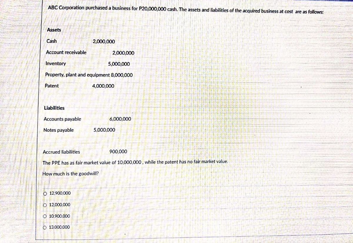 ABC Corporation purchased a business for P20,000,000 cash. The assets and liabilities of the acquired business at cost are as follows:
Assets
Cash
2,000,000
Account receivable
2,000,000
Inventory
5,000,000
Property, plant and equipment 8,000,000
Patent
4,000,000
Liabilities
Accounts payable
6,000,000
Notes payable
5,000,000
Accrued liabilities
900,000
The PPE has as fair market value of 10,000,000, while the patent has no fair market value.
How much is the goodwill?
O 12,900,000
O 12,000,000
O 10,900,000
O 13.000.000
