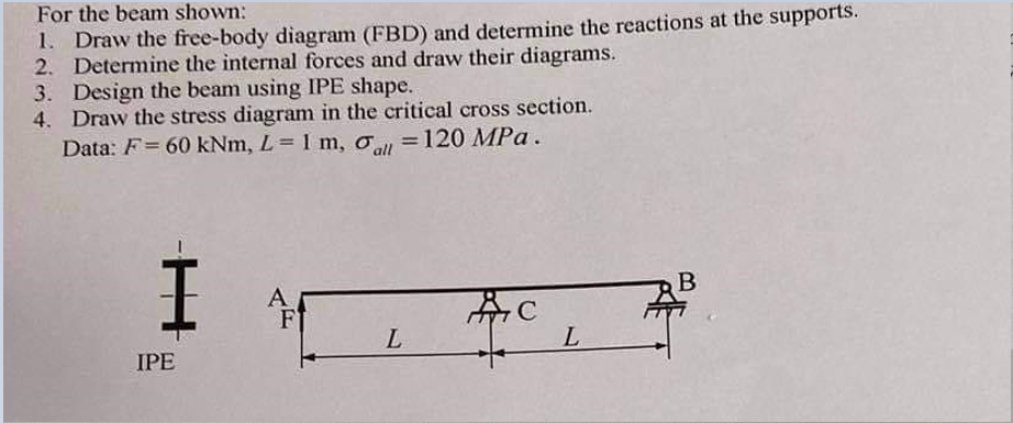 For the beam shown:
1. Draw the free-body diagram (FBD) and determine the reactions at the supports.
2. Determine the internal forces and draw their diagrams.
3. Design the beam using IPE shape.
4. Draw the stress diagram in the critical cross section.
Data: F= 60 kNm, L = 1 m, 0 = 120 MPa.
I
IPE
A
F
L
#C
L
B