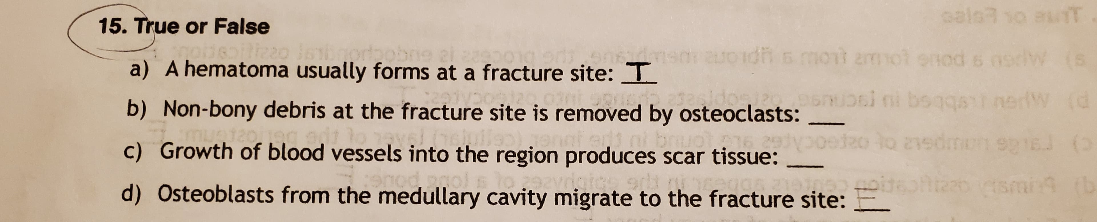 15. True or False
izz0
20 16bnorhobne al 2apong oon meauods mot 2mot onod s new (S
a) A hematoma usually forms at a fracture site: T
b) Non-bony debris at the fracture site is removed by osteoclasts:
nerW
c) Growth of blood vessels into the region produces scar tissue:
ocApez
to 21sdmon s1EJ ()
d) Osteoblasts from the medullary cavity migrate to the fracture site:
to zvdatce
(Is
min4 (b
