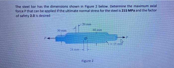 The steel bar has the dimensions shown in Figure 2 below. Determine the maximum axial
force P that can be applied if the ultimate normal stress for the steel is 215 MPa and the factor
of safety 2.0 is desired
30 mm
24 mm
20 mm
60 mm
Figure 2
15 mm