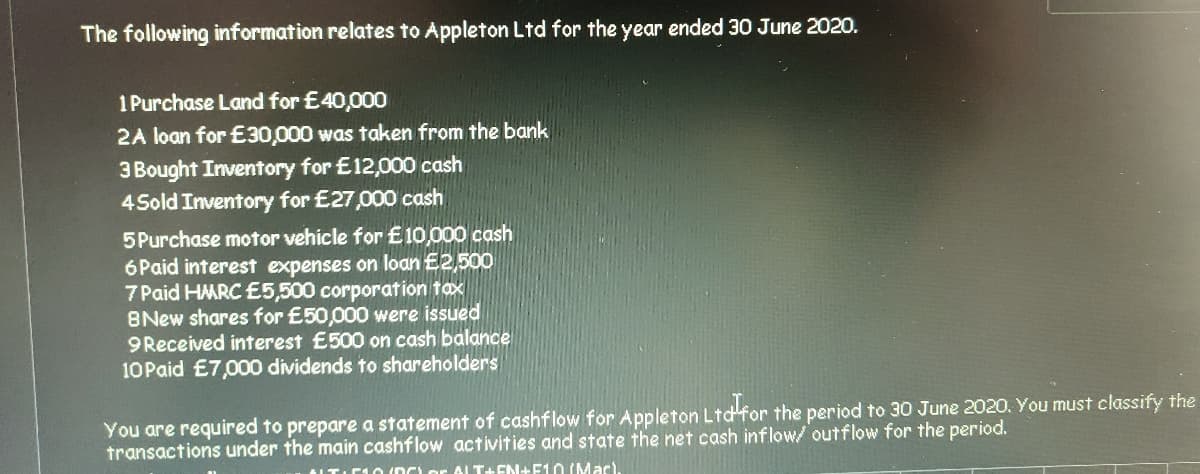 The following information relates to Appleton Ltd for the year ended 30 June 2020.
1 Purchase Land for £40,000
2A loan for £30,000 was taken from the bank
3 Bought Inventory for £12,000 cash
4 Sold Inventory for £27,000 cash
5Purchase motor vehicle for £ 10,000 cash
6Paid interest expenses on loan £2,50O
7 Paid HMRC £5,500 corporation tox
BNew shares for £50,000 were issued
9 Received interest £500 on cash balance
10Paid £7,000 dividends to shareholders
You are required to prepare a statement of cashflow for Appleton Ltd for the period to 30 June 2020. You must classify the
transactions under the main cashflow activities and state the net cash inflow/ outflow for the period.
E10 (DC or ALT+EN+F10 (Maci.
