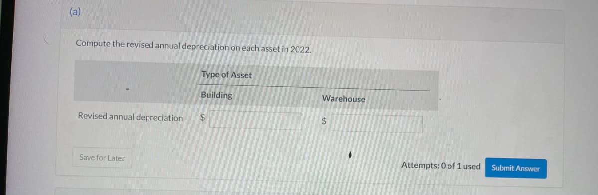 (a)
Compute the revised annual depreciation on each asset in 2022.
Type of Asset
Building
Revised annual depreciation
$
Save for Later
Warehouse
$
●
Attempts: 0 of 1 used
Submit Answer