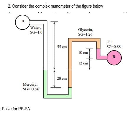 2. Consider the complex manometer of the figure below
A
Water,
SG 1.0
Mercury,
SG-13.56
Solve for PB-PA
55 cm
20 cm
Glycerin,
SG=1.26
10 cm
12 cm
Oil
SG=0.88
B