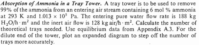Absorption of Ammonia in a Tray Tower. A tray tower is to be used to remove
99% of the ammonia from an entering air stream containing 6 mol % ammonia
at 293 K and 1.013 × 105 Pa. The entering pure water flow rate is 188 kg
H₂O/h·m² and the inert air flow is 128 kg air/h- m². Calculate the number of
theoretical trays needed. Use equilibrium data from Appendix A.3. For the
dilute end of the tower, plot an expanded diagram to step off the number of
trays more accurately.