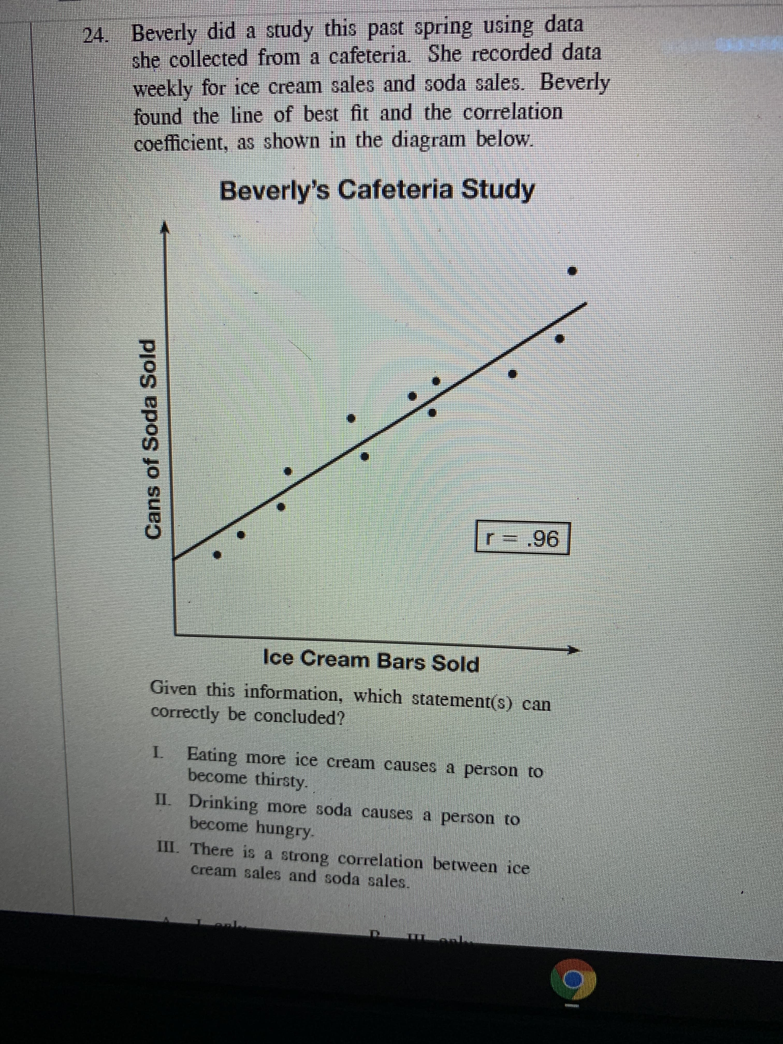 Beverly did a study this past spring using data
she collected from a cafeteria. She recorded data
weekly for ice cream sales and soda sales. Beverly
found the line of best fit and the correlation
coefficient, as shown in the diagram below.
