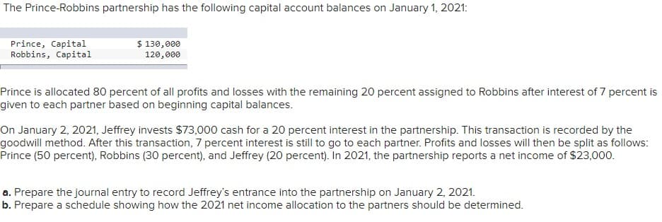 The Prince-Robbins partnership has the following capital account balances on January 1, 2021:
Prince, Capital
Robbins, Capital
$ 130,000
120,000
Prince is allocated 80 percent of all profits and losses with the remaining 20 percent assigned to Robbins after interest of 7 percent is
given to each partner based on beginning capital balances.
On January 2, 2021, Jeffrey invests $73,000 cash for a 20 percent interest in the partnership. This transaction is recorded by the
goodwill method. After this transaction, 7 percent interest is still to go to each partner. Profits and losses will then be split as follows:
Prince (50 percent), Robbins (30 percent), and Jeffrey (20 percent). In 2021, the partnership reports a net income of $23,000.
a. Prepare the journal entry to record Jeffrey's entrance into the partnership on January 2, 2021.
b. Prepare a schedule showing how the 2021 net income allocation to the partners should be determined.