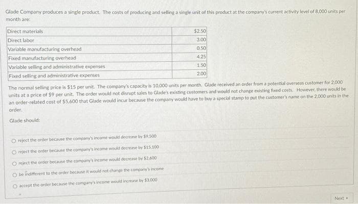 Glade Company produces a single product. The costs of producing and selling a single unit of this product at the company's current activity level of 8,000 units per
month are:
Direct materials
Direct labor
Variable manufacturing overhead
Fixed manufacturing overhead
Variable selling and administrative expenses
Fixed selling and administrative expenses
$2.50
3.00
0.50
4.25
1.50
2.00
The normal selling price is $15 per unit. The company's capacity is 10,000 units per month. Glade received an order from a potential overseas customer for 2,000
units at a price of $9 per unit. The order would not disrupt sales to Glade's existing customers and would not change existing fixed costs. However, there would be
an order-related cost of $5,600 that Glade would incur because the company would have to buy a special stamp to put the customer's name on the 2.000 units in the
order.
Glade should:
O reject the order because the company's income would decrease by $9.500
O reject the order because the company's income would decrease by $15,100
O reject the order because the company's income would decrease by $2,600
O be indifferent to the order because it would not change the company's income
O accept the order because the company's income would increase by $3.000
Next