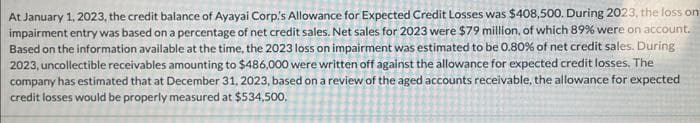 At January 1, 2023, the credit balance of Ayayai Corp's Allowance for Expected Credit Losses was $408,500. During 2023, the loss on
impairment entry was based on a percentage of net credit sales. Net sales for 2023 were $79 million, of which 89% were on account.
Based on the information available at the time, the 2023 loss on impairment was estimated to be 0.80% of net credit sales. During
2023, uncollectible receivables amounting to $486,000 were written off against the allowance for expected credit losses. The
company has estimated that at December 31, 2023, based on a review of the aged accounts receivable, the allowance for expected
credit losses would be properly measured at $534,500.