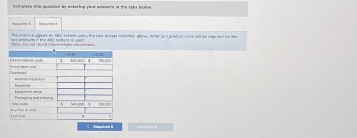 Complete this question by entering your answers in the tabs below.
Required A Required B
The intern suggests an ABC system using the cost drivers identified above. What unit product costs will be reported for the
two products if the ABC system is used?
Note: Do not round intermediate calculations
Dredt material costs
Direct labor cost
Overhead
Material inspection
Assembly
Equipment setup
Packaging and shipping
Total costs
Number of units
Unit coal
$
5
LC-20
540,000 $
540,000 $
0
LC-50
180,000
180,000
0
< Required A
Rama