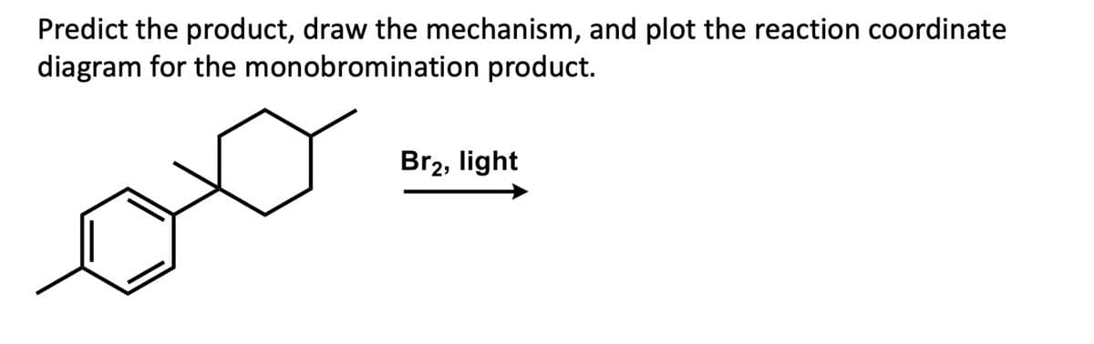 Predict the product, draw the mechanism, and plot the reaction coordinate
diagram for the monobromination product.
Br2, light