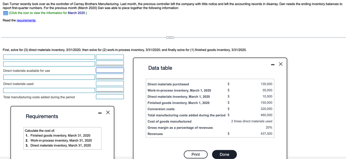 Dan Turner recently took over as the controller of Carney Brothers Manufacturing. Last month, the previous controller left the company with little notice and left the accounting records in disarray. Dan needs the ending inventory balances to
report first-quarter numbers. For the previous month (March 2020) Dan was able to piece together the following information:
(Click the icon to view the information for March 2020.)
Read the requirements.
First, solve for (3) direct materials inventory, 3/31/2020; then solve for (2) work-in-process inventory, 3/31/2020; and finally solve for (1) finished goods inventory, 3/31/2020.
Direct materials available for use
Direct materials used
Total manufacturing costs added during the period
Requirements
Calculate the cost of:
1. Finished goods inventory, March 31, 2020
2. Work-in-process inventory, March 31, 2020
3. Direct materials inventory, March 31, 2020
I
X
Data table
Direct materials purchased
Work-in-process inventory, March 1, 2020
Direct materials inventory, March 1, 2020
Finished goods inventory, March 1, 2020
Conversion costs
Total manufacturing costs added during the period $
Cost of goods manufactured
Gross margin as a percentage of revenues
Revenues
SA
Print
$
$
$
GA
Done
130,000
35,000
10,500
150,000
320,000
460,000
2 times direct materials used
20%
437,500