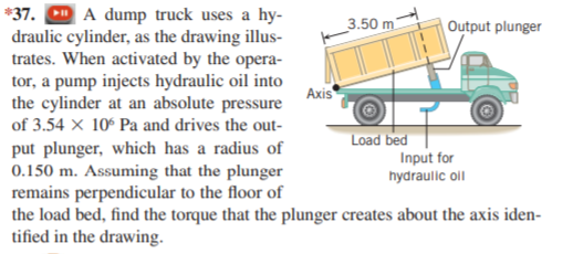 A dump truck uses a hy-
draulic cylinder, as the drawing illus-
trates. When activated by the opera-
tor, a pump injects hydraulic oil into
the cylinder at an absolute pressure
*37.
3.50 m
Output plunger
Axis
of 3.54 x 10° Pa and drives the out-
Load bed
Input for
put plunger, which has a radius of
0.150 m. Assuming that the plunger
remains perpendicular to the floor of
the load bed, find the torque that the plunger creates about the axis iden-
tified in the drawing.
hydraulic oll
