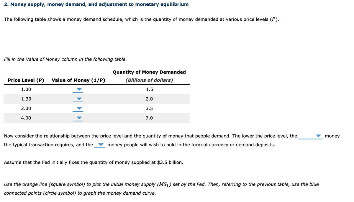 2. Money supply, money demand, and adjustment to monetary equilibrium
The following table shows a money demand schedule, which is the quantity of money demanded at various price levels (P).
Fill in the Value of Money column in the following table.
Quantity of Money Demanded
Price Level (P)
Value of Money (1/P)
(Billions of dollars)
1.00
1.5
1.33
2.0
2.00
3.5
4.00
7.0
Now consider the relationship between the price level and the quantity of money that people demand. The lower the price level, the
money
the typical transaction requires, and the
money people will wish to hold in the form of currency or demand deposits.
Assume that the Fed initially fixes the quantity of money supplied at $3.5 billion.
Use the orange line (square symbol) to plot the initial money supply (MS1 ) set by the Fed. Then, referring to the previous table, use the blue
connected points (circle symbol) to graph the money demand curve.
