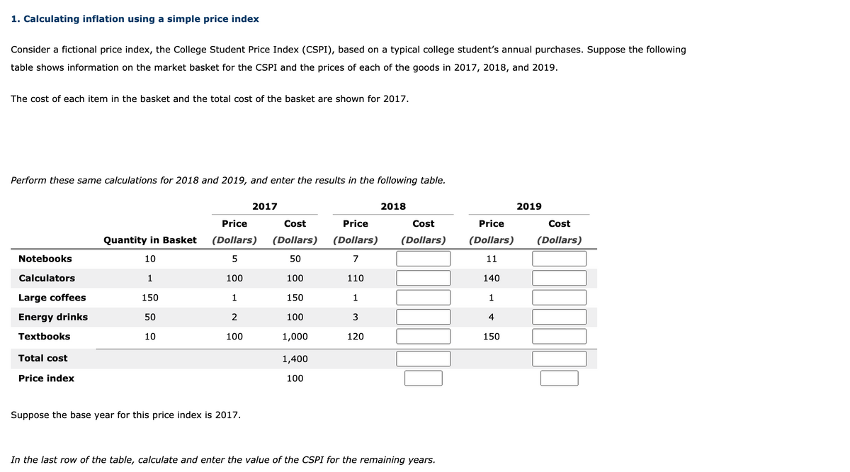 1. Calculating inflation using a simple price index
Consider a fictional price index, the College Student Price Index (CSPI), based on a typical college student's annual purchases. Suppose the following
table shows information on the market basket for the CSPI and the prices of each of the goods in 2017, 2018, and 2019.
The cost of each item in the basket and the total cost of the basket are shown for 2017.
Perform these same calculations for 2018 and 2019, and enter the results in the following table.
2017
2018
2019
Price
Cost
Price
Cost
Price
Cost
Quantity in Basket
(Dollars)
(Dollars)
(Dollars)
(Dollars)
(Dollars)
(Dollars)
Notebooks
10
50
7
11
Calculators
1
100
100
110
140
Large coffees
150
1
150
1
1
Energy drinks
50
2
100
3
4
Textbooks
10
100
1,000
120
150
Total cost
1,400
Price index
100
Suppose the base year for this price index is 2017.
In the last row of the table, calculate and enter the value of the CSPI for the remaining years.
