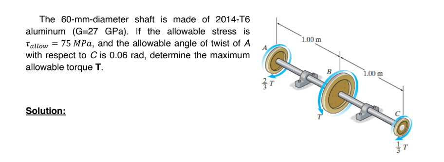The 60-mm-diameter shaft is made of 2014-T6
aluminum (G=27 GPa). If the allowable stress is
Tallow = 75 MPa, and the allowable angle of twist of A
with respect to C is 0.06 rad, determine the maximum
allowable torque T.
Solution:
A
دانيا
1.00 m
G
B
1.00 m
تانيا
T