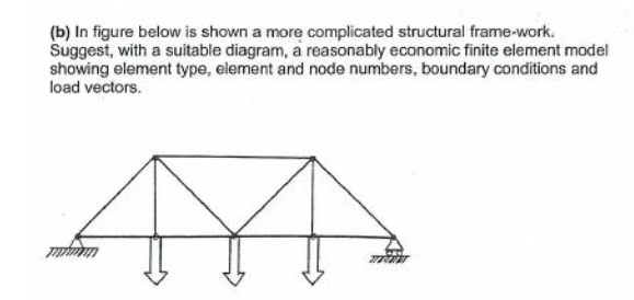 (b) In figure below is shown a more complicated structural frame-work.
Suggest, with a suitable diagram, a reasonably economic finite element model
showing element type, element and node numbers, boundary conditions and
load vectors.
mmmm