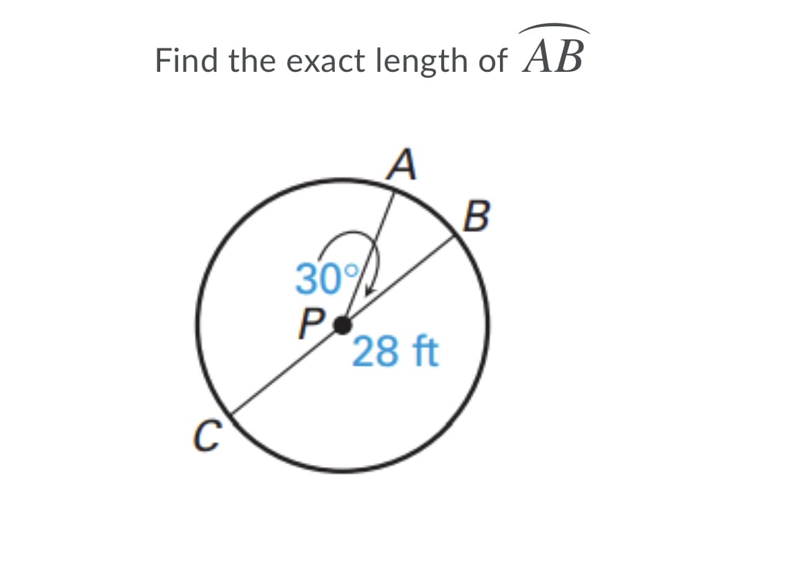 Find the exact length of AB
B
30
P
28 ft
