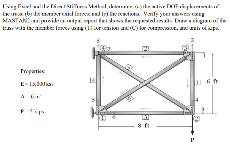 Using Excel and the Direct Stiffness Method, determine: (a) the active DOF displacements of
the truss; (b) the member axial forces; and (c) the reactions. Verify your answers using
MASTAN2 and provide an output report that shows the requested results. Draw a diagram of the
truss with the member forces using (T) for tension and (C) for compression, and units of kips.
8
2
(3
Properties:
E=15,000 ksi
1 6 ft
A = 6 in?
5
4
P = 5 kips
(1)
[3]
8 ft
3.
