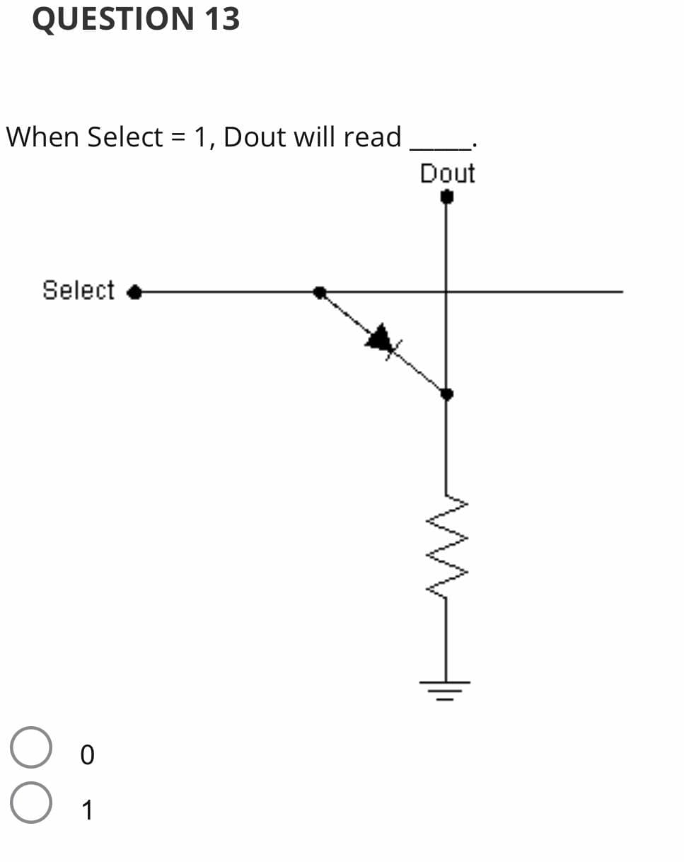 QUESTION 13
When Select = 1, Dout will read
%3D
Dout
Select
1
