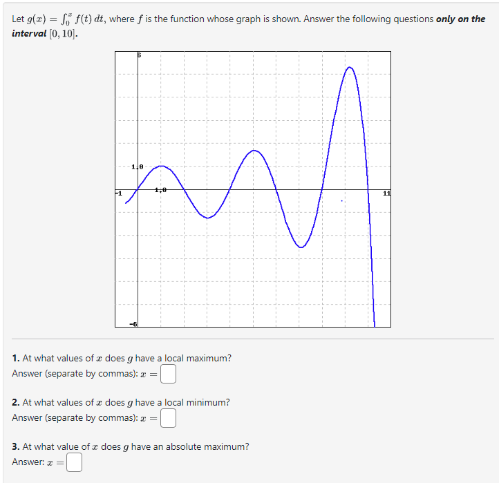 Let g(x) = f(t) dt, where f is the function whose graph is shown. Answer the following questions only on the
interval [0, 10].
1,0
1,0
M
1. At what values of a does g have a local maximum?
Answer (separate by commas): * =
2. At what values of a does g have a local minimum?
Answer (separate by commas): x =
3. At what value of a does g have an absolute maximum?
Answer: x =
11