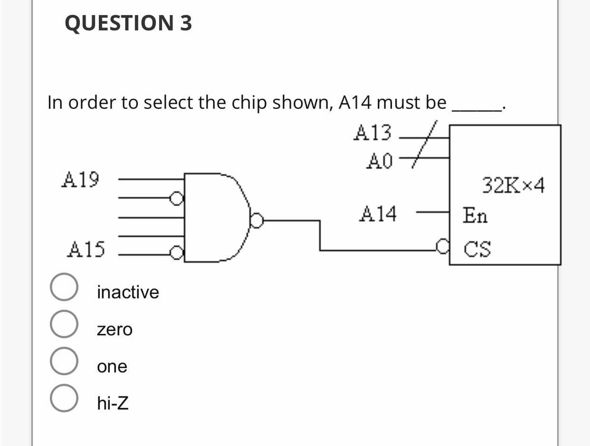 QUESTION 3
In order to select the chip shown, A14 must be
A13
A0
A19
32K×4
A14
En
A15
a cs
CS
inactive
zero
one
hi-Z
