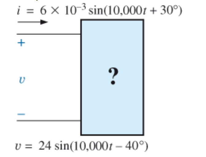 i = 6 × 10-³ sin(10,000t + 30°)
?
v = 24 sin(10,000t – 40°)
+
