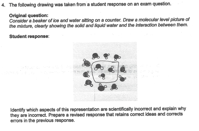 4. The following drawing was taken from a student response on an exam question.
Original question:
Consider a beaker of ice and water sitting on a counter. Draw a molecular level picture of
the mixture, clearly showing the solid and liquid water and the interaction between them.
Student response:
Identify which aspects of this representation are scientifically incorrect and explain why
they are incorrect. Prepare a revised response that retains correct ideas and corrects
errors in the previous response.
