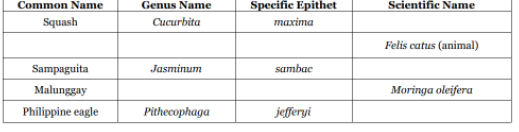 Common Name
Squash
Genus Name
Specific Epithet
Scientific Name
Cucurbita
maxima
Felis catus (animal)
Sampaguita
Jasminum
sambac
Malunggay
Moringa oleifera
Philippine eagle
Pithecophaga
jefferyi
