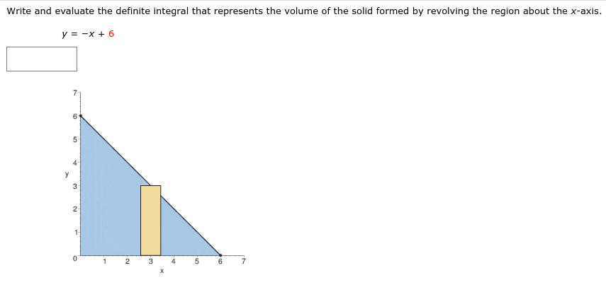 Write and evaluate the definite integral that represents the volume of the solid formed by revolving the region about the x-axis.
y = -x + 6
7
6
y
1-
2
3
4
6
