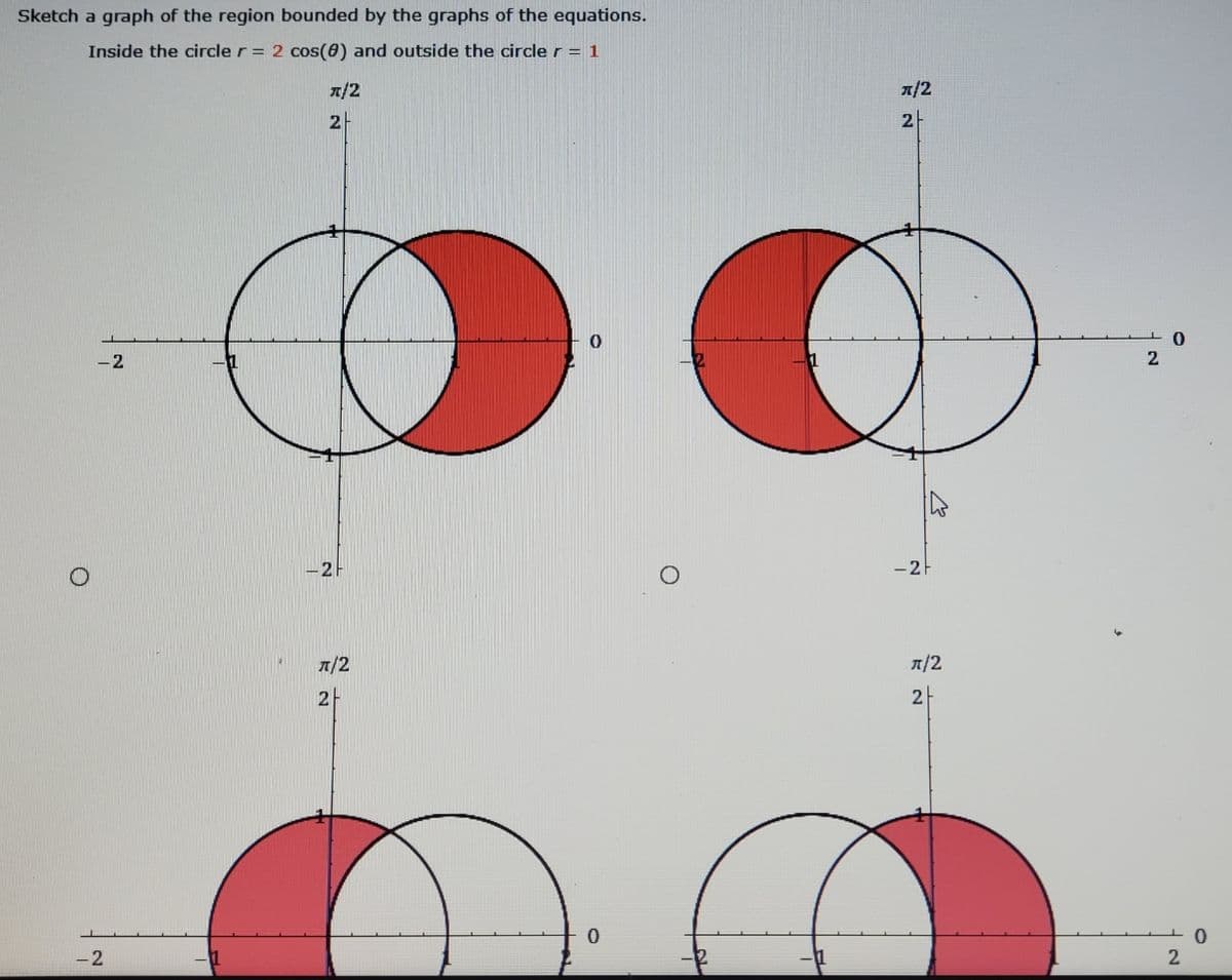 Sketch a graph of the region bounded by the graphs of the equations.
Inside the circle r = 2 cos(0) and outside the circle r= 1
n/2
7/2
2
2-
-2
2
-2-
7/2
л/2
2-
2
-2
2
