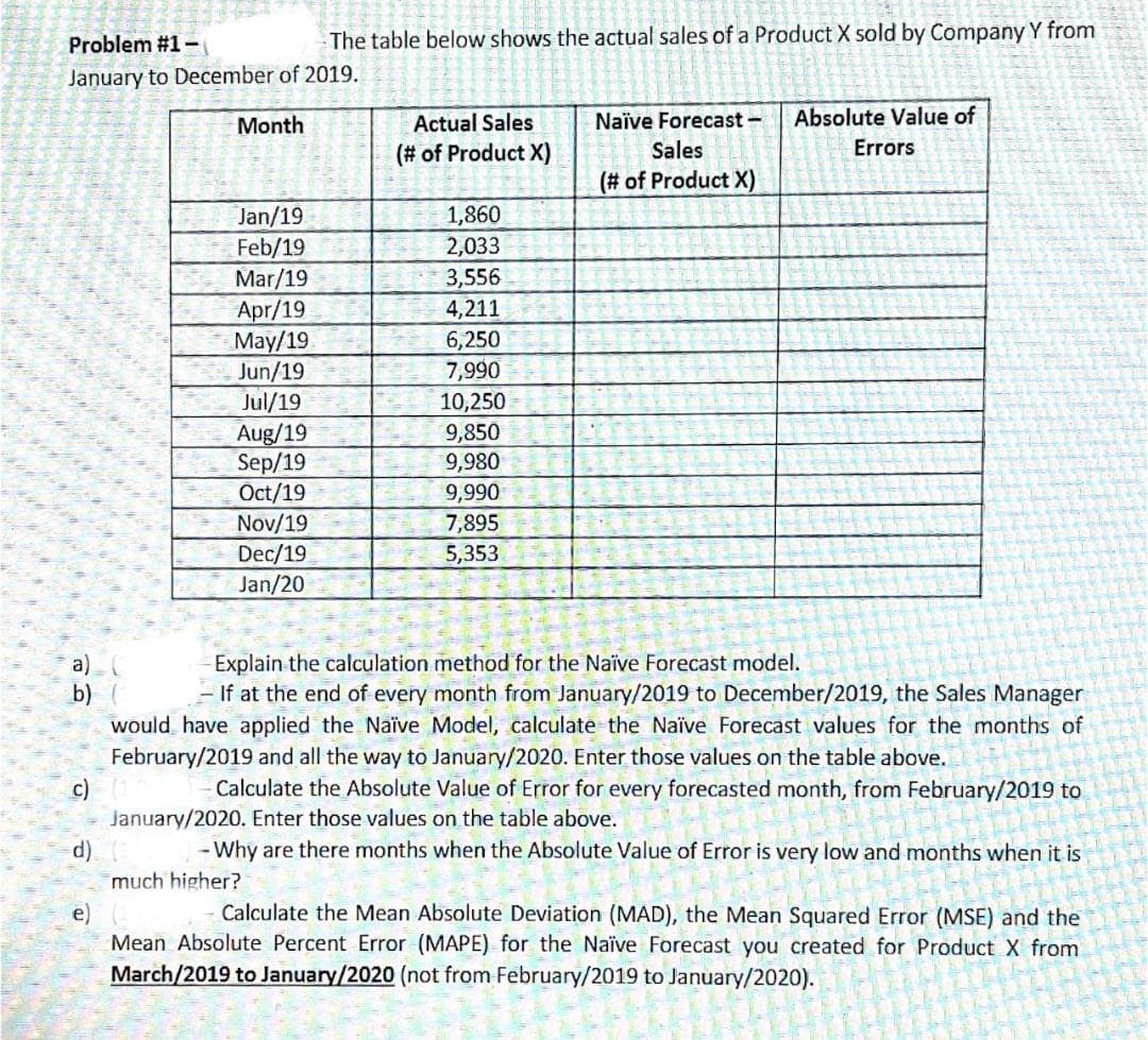 Problem #1-
The table below shows the actual sales of a Product X sold by Company Y from
January to December of 2019.
Month
Actual Sales
Naïve Forecast -
Absolute Value of
(# of Product X)
Sales
Errors
(# of Product X)
Jan/19
Feb/19
Mar/19
1,860
2,033
3,556
Apr/19
May/19
Jun/19
Jul/19
4,211
6,250
7,990
10,250
9,850
9,980
Aug/19
Sep/19
Oct/19
9,990
Nov/19
Dec/19
7,895
5,353
Jan/20
Explain the calculation method for the Naïve Forecast model.
If at the end of every month from January/2019 to December/2019, the Sales Manager
a)
b)
would have applied the Naïve Model, calculate the Naive Forecast values for the months of
February/2019 and all the way to January/2020. Enter those values on the table above.
c)
Calculate the Absolute Value of Error for every forecasted month, from February/2019 to
January/2020. Enter those values on the table above.
d)
- Why are there months when the Absolute Value of Error is very low and months when it is
much higher?
Calculate the Mean Absolute Deviation (MAD), the Mean Squared Error (MSE) and the
Mean Absolute Percent Error (MAPE) for the Naïve Forecast you created for Product X from
March/2019 to January/2020 (not from February/2019 to January/2020).
