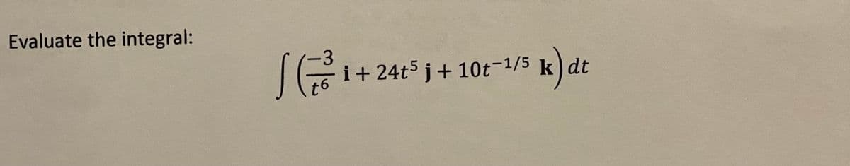 Evaluate the integral:
t6
i + 24t5j + 10t-1/5 k dt
